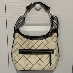 Dooney & Bourke Cream w/Black Canvas Leather Handle & Trim Monogram Hobo Handbag